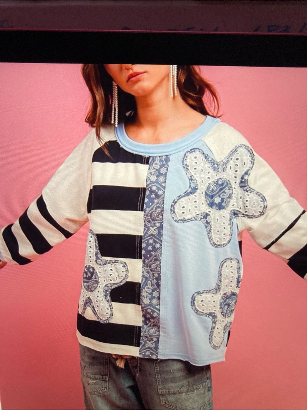 BiBi Color block, Patchwork, Striped/ Floral  oversized Top,  M